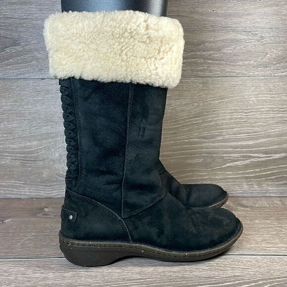 Ugg Karyn Black Suede Warm Shearling Cuff Women’s Sz 5 Zip Pull On Winter Boots - Picture 1 of 12